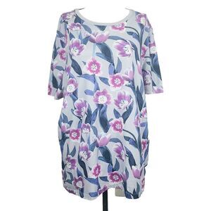 Ted‎ Baker T-Shirt 6 (14) Gray Purple Cotton Knit Floral Boxy Pullover Top